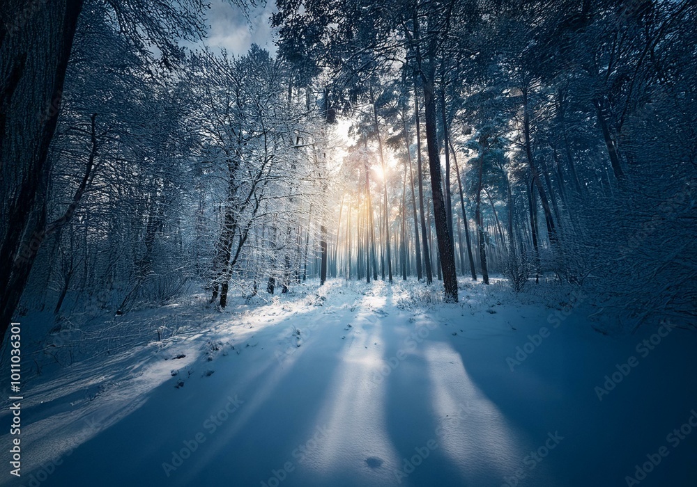Poster sunbeams shine through the trees in a snowy winter forest.