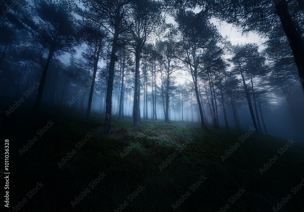 Poster a misty forest with tall trees and a grassy floor.