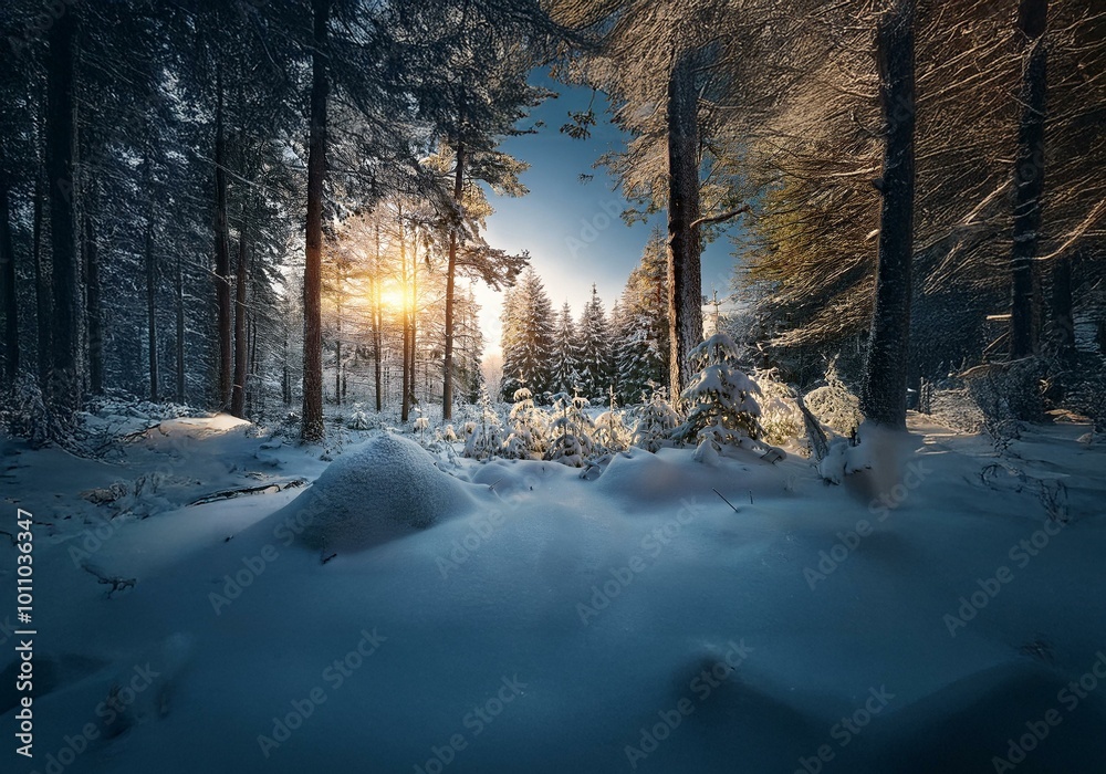 Poster Sunlight streams through the canopy of a snowy evergreen forest, illuminating a path through the white landscape.