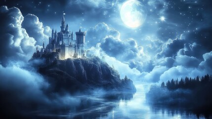 A fantasy castle on a hill, surrounded by clouds and illuminated by moonlight, with a shimmering river flowing below.