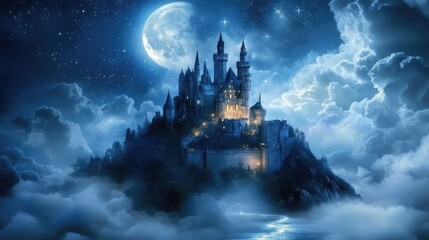 A fantasy castle on a hill, surrounded by clouds and illuminated by moonlight, with a shimmering river flowing below.