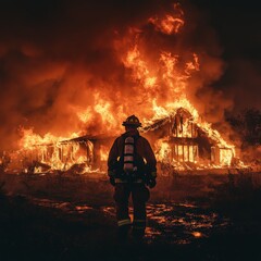Obraz premium Heroic Firefighter Approaching House Engulfed in Flames, Ready to Fight the Fire