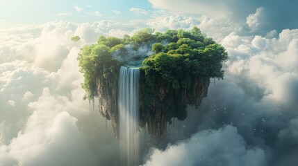 A floating island with lush greenery and a waterfall cascading into the clouds, creating a serene and magical atmosphere.