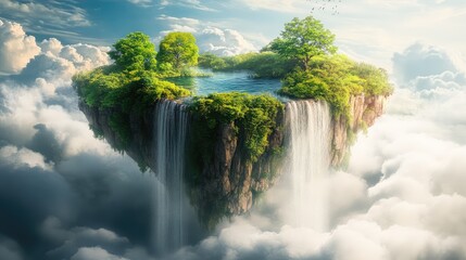 Naklejka premium A floating island with lush greenery and a waterfall cascading into the clouds, creating a serene and magical atmosphere.