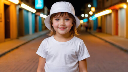 Little girl with short hair wearing white t-shirt and white bucket hat standing in a city alley at night