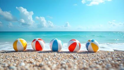 Obraz premium Colorful Beach Ball on the Sand Fun Summer Toy for Holiday Adventures Ocean and Sea Shore