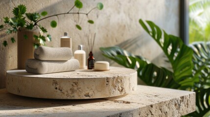 Zen Oasis: Tranquil Travertine Podium Display in Sustainable Bathroom for Wellness and Beauty Products