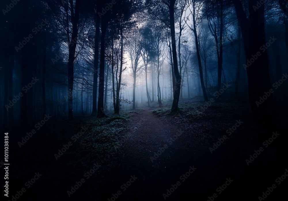 Poster a path winds through a dense forest, shrouded in thick fog and bathed in a soft blue light.