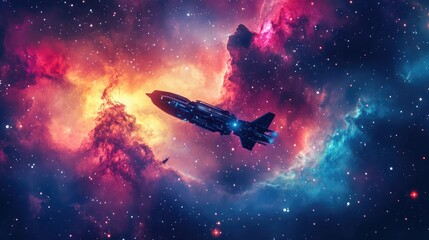 Naklejka premium A futuristic spaceship soaring through a vibrant nebula, surrounded by colorful stars and cosmic dust.