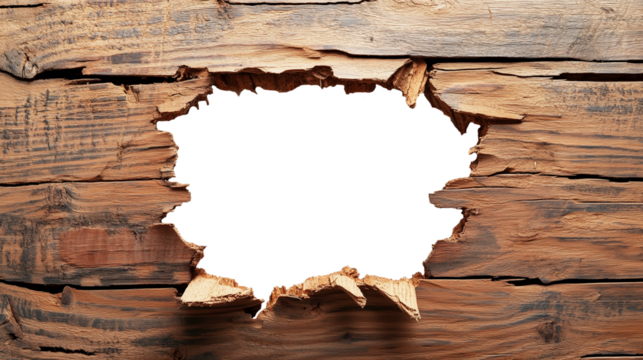 Cracked Wooden Plank with Torn Opening and Transparent Center