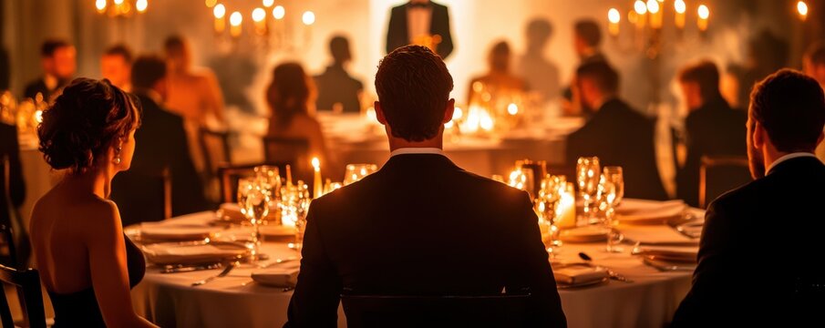 Elegant gala dinner scene featuring guests in formal attire at a candlelit table, creating a luxurious and sophisticated ambiance.
