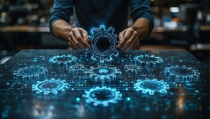 Businessman connecting gears on a digital table with a hologram icon of innovation and technology in the office background, showing a system integration concept for business strategy design.