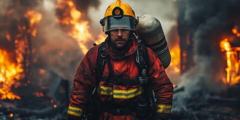 Naklejka premium Heroic Firefighter Approaching House Engulfed in Flames, Ready to Fight the Fire