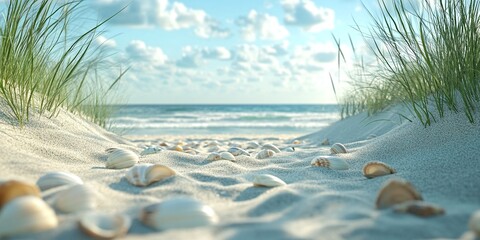 natural summer beach setting with sandy dunes and shell fragments, creating a scenic landscape with ample copy space