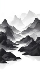 Fototapeta premium Abstract Black and White Landscape Featuring Mountains and a Winding River at Dawn