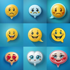 Fototapeta premium Nine colorful emoticons with various expressions inside speech bubbles on a blue background.