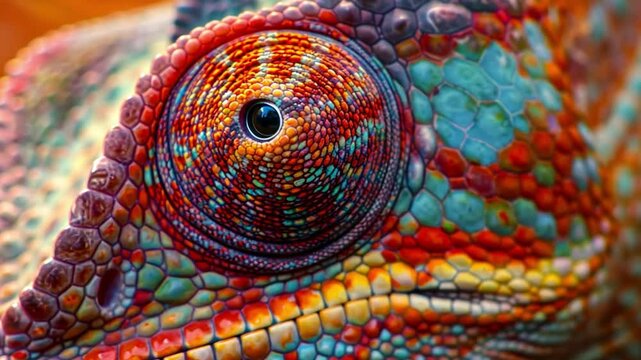 Animal close-up of a chameleon's eye, with vibrant patterns and textures.