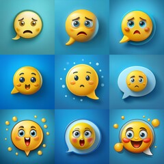 Nine speech bubbles with various facial expressions on a blue background.