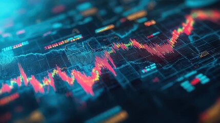 An abstract view of a financial chart displaying stock market trends with vibrant colors and dynamic graph lines.