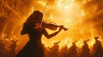 Fototapeta premium An elegant musician performs with a violin, surrounded by illuminated figures in a grand, atmospheric setting.
