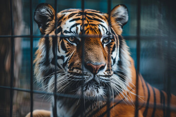 Close up of tiger in cage in zoo behind bars