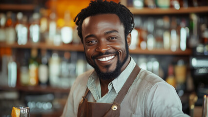 African American Black Man Bartender - bartender, smiling man, bar, man, apron, happy, bar background, friendly, casual, relaxed, drinks, bar counter, nightlife, cheerful, professional