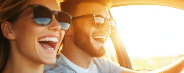 Joyful couple driving on a sunny day, enjoying laughter and the warmth of sunshine, creating unforgettable memories together.