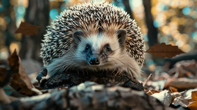 Adorable animals like a hedgehog curled up in a ball on a forest floor