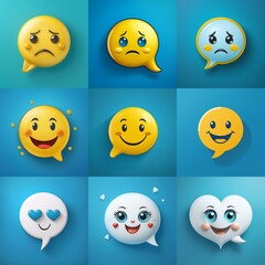 Obraz premium Nine cartoon emoji faces with different expressions in speech bubbles on a blue background.