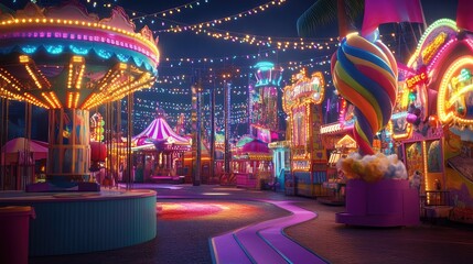 A retro carnival scene with colorful rides and games, illuminated by bright lights and filled with joyful energy.