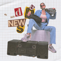 Woman in denim sitting with boomboxes. 90s aesthetics. Retro typography and bold colors bring back...