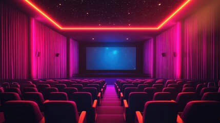 Obraz premium A retro movie theater with neon lights, showing classic films against a backdrop of a starry night sky.