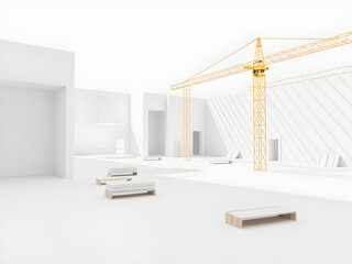 Fototapeta premium Interior of modern empty room with white walls, concrete floor, white ceiling and yellow construction crane. 3d rendering