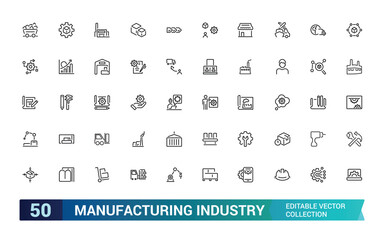 Industrial Manufacturing icon set for design elements. Engineering, Production activities. Editable stroke. Vector illustration.