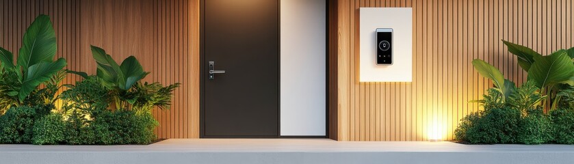 Modern entrance with stylish door and LEDs, surrounded by lush plants, offering a warm and inviting atmosphere.