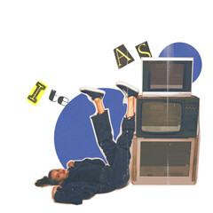 Girl lying beside vintage TVs, 90s minimalism and rebellious fashion. Retro media and grunge...