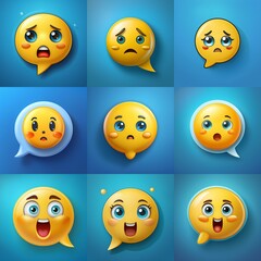 Nine yellow emoticons with different expressions in speech bubble shapes on a blue background.