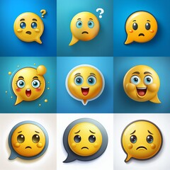 Nine 3D yellow emoticons with different facial expressions inside speech bubbles on various colored backgrounds.