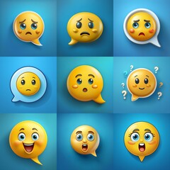 Obraz premium A collection of nine yellow emoticons in speech bubble shapes, each with a different facial expression.