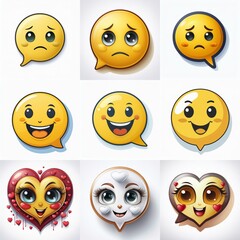 Nine cartoon emoticons, three in a row, in three rows, on a white background. Some are yellow and round and some are red and heart shaped.