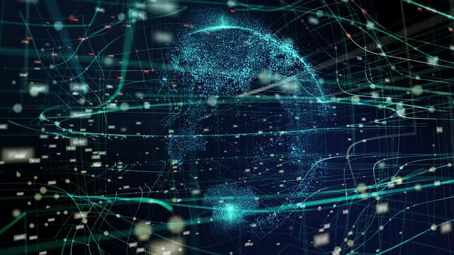 Blue Hologram Earth Rotating,Global communication concept, The earth rotating with node and line connection, Binary code, Futuristic and technology conncepts
