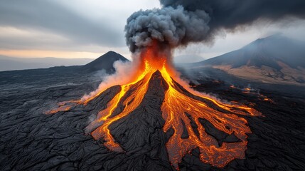Fototapeta premium Erupting Volcano Spewing Ash and Lava Under a Dramatic Sky During Sunset