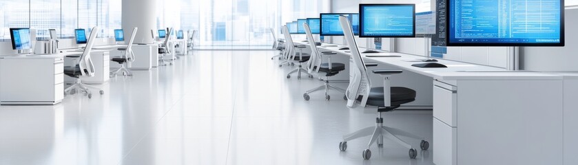 Modern office interior with multiple computer desks, bright lighting, and a clean, spacious work environment for productivity.