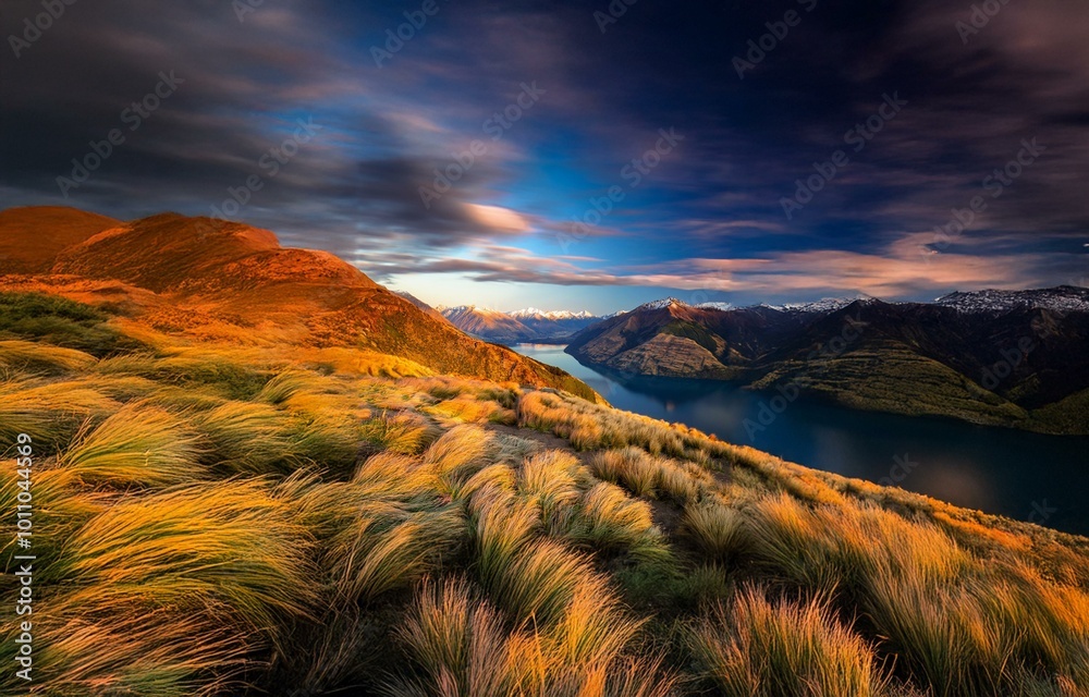 Poster a vast landscape of golden grass blowing in the wind against the backdrop of a serene lake nestled b