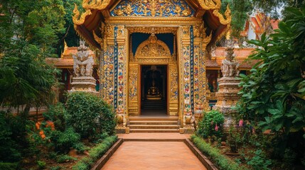 Obraz premium The stunning entrance to Wat Hai Sok temple, adorned with intricate gold detailing and colorful murals.