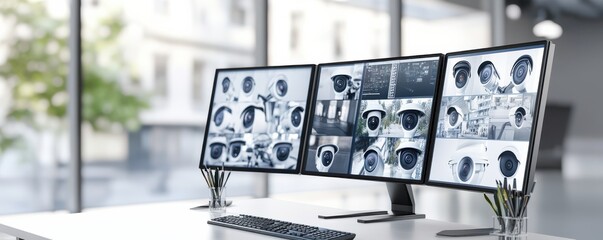 Modern workspace featuring multiple monitors displaying surveillance footage, ideal for security and technology themes.