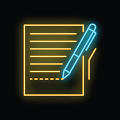 Blue and yellow neon icon of a pen signing a contract document on a black background