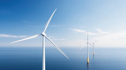 Serene view of wind turbines on the ocean, showcasing renewable energy and sustainable technology under a clear blue sky.