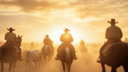 Silhouetted cowboys riding horses into the sunset, creating a serene and scenic atmosphere of the wild west.