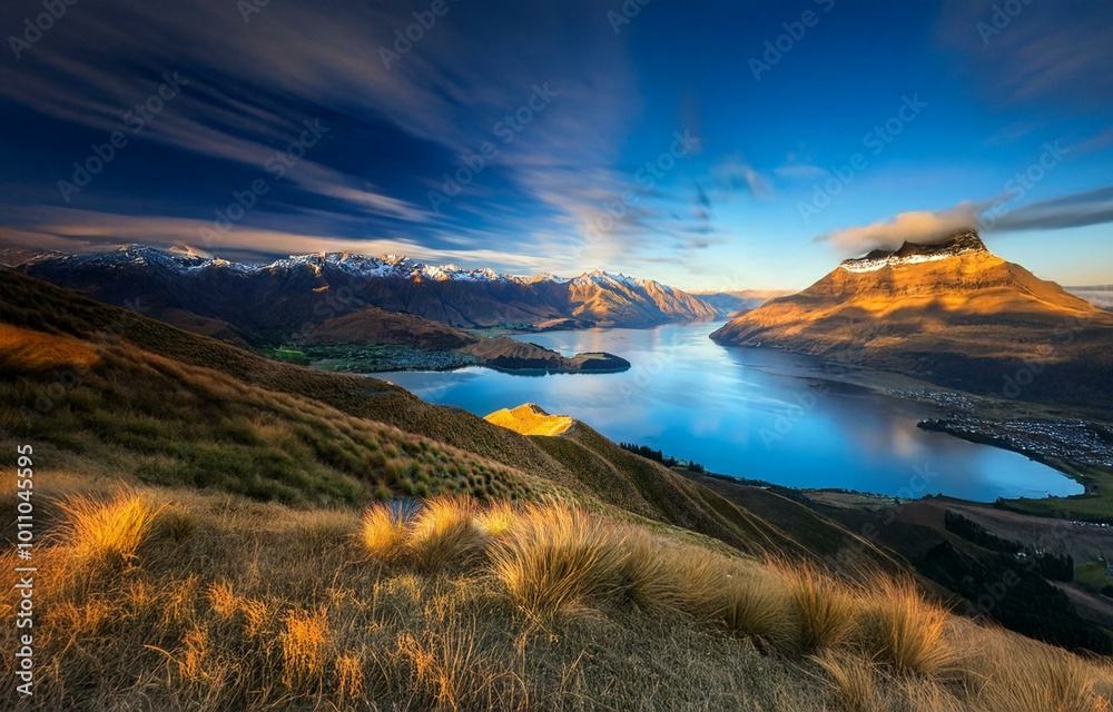 Poster a panoramic view of a lake nestled between snow-capped mountains, with a single cloud illuminating t